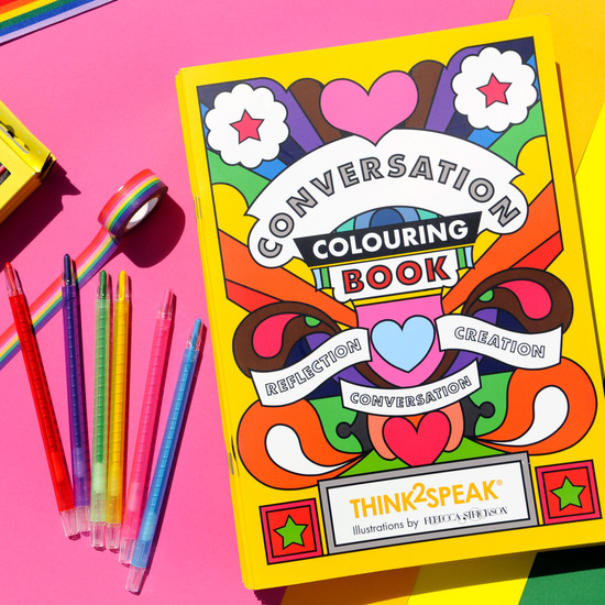 Think2Speak Conversation Colouring book with twistable crayons and Pride ribbon