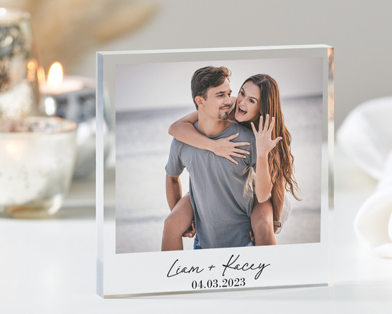 Photo printed onto acrylic block, personalised with names.
