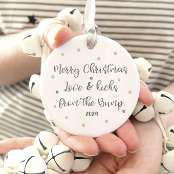 Merry Christmas Love & Kicks from the baby bump personalised pregnancy ceramic Christmas tree bauble