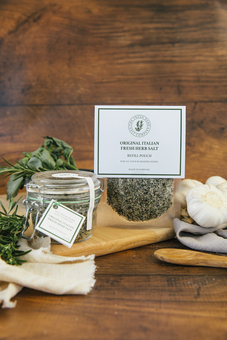 Fresh Herb Sea Salt seasoning - Gift under £10 in glass kiln clip jar & refill pack - Rosemary basil sage garlic bay marjoram & thyme