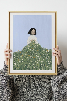An Art print, illustration of A loving knitter works on a blanket of flowers. 
