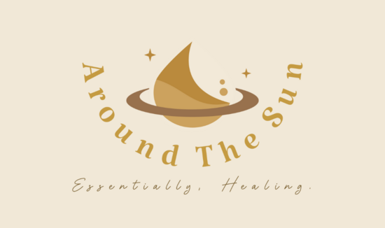 Elegant Around the Sun Ltd logo with ‘Essentially, Healing’ tagline on a warm beige background. Highlights holistic wellness