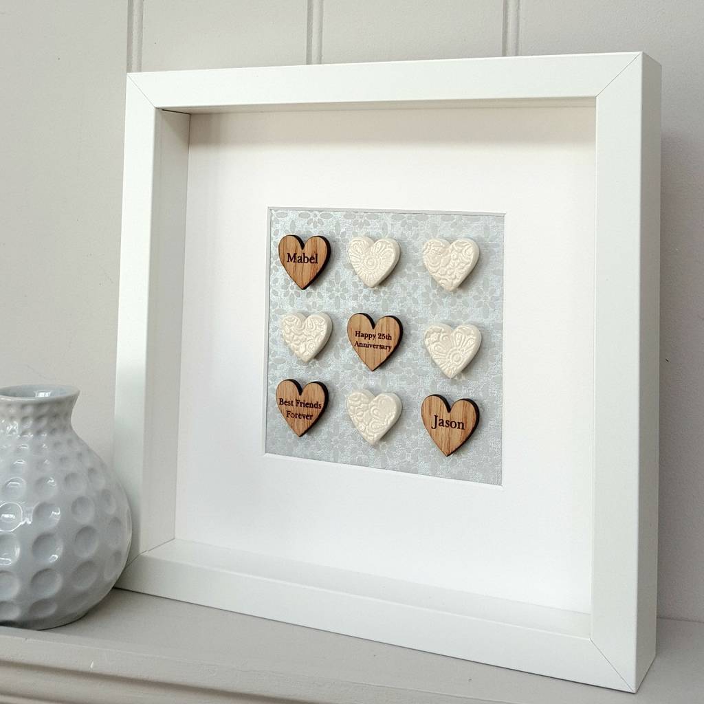 Handmade Silver 25th Anniversary Pottery Hearts Artwork | Artwork | Framed |
