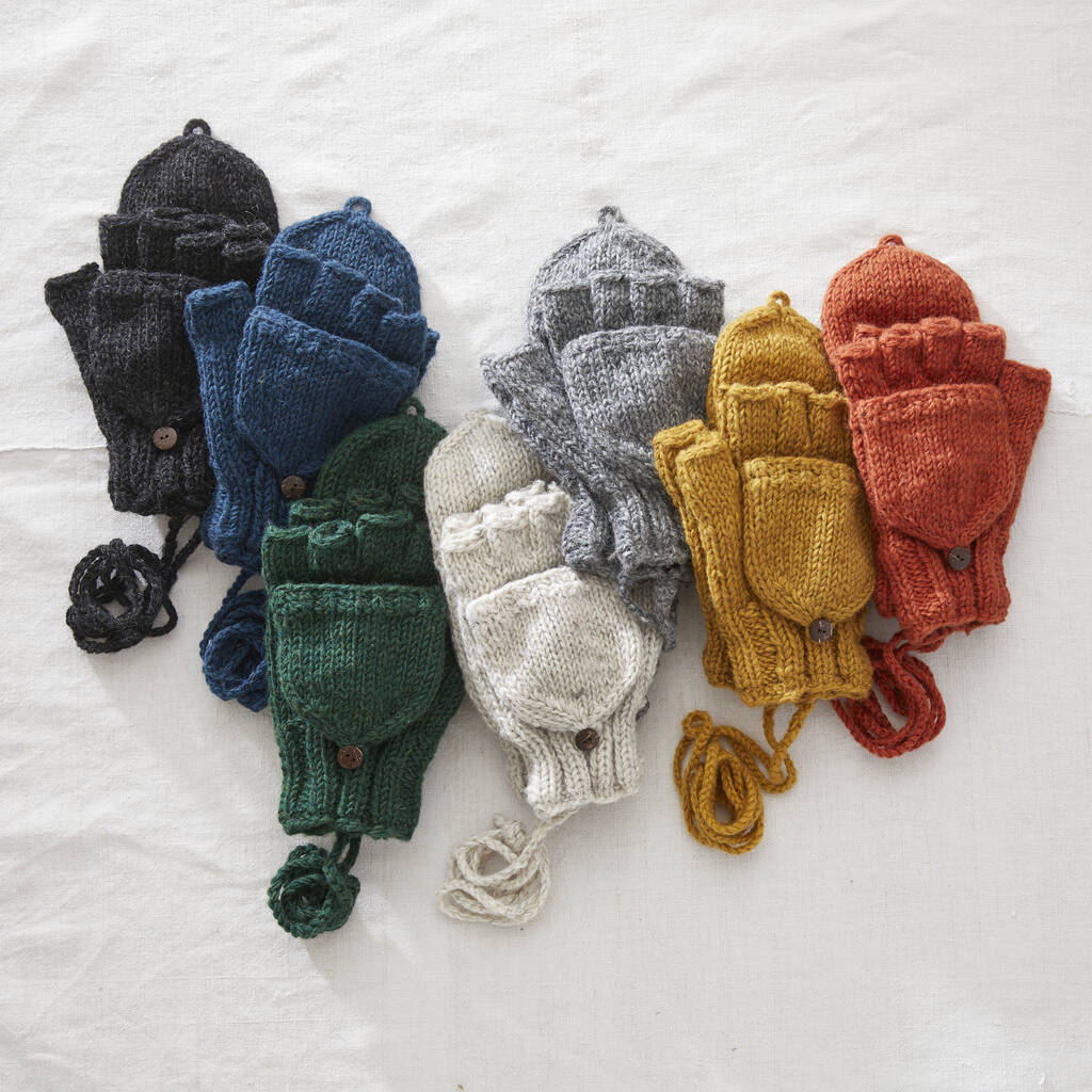 AURA QUE Fair Trade Knit Wool Lined Mitten Fingerless Gloves | 