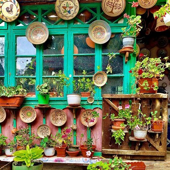 Romanian house with bright green windows with handmade ceramics displayed in the windows, surrounded by plants 