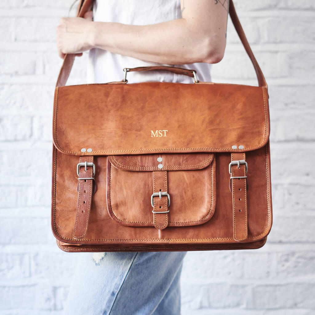 Leather Satchel With Front Pocket And Handle, Gold