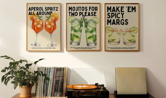 A gallery wall of 3 best selling cocktail prints