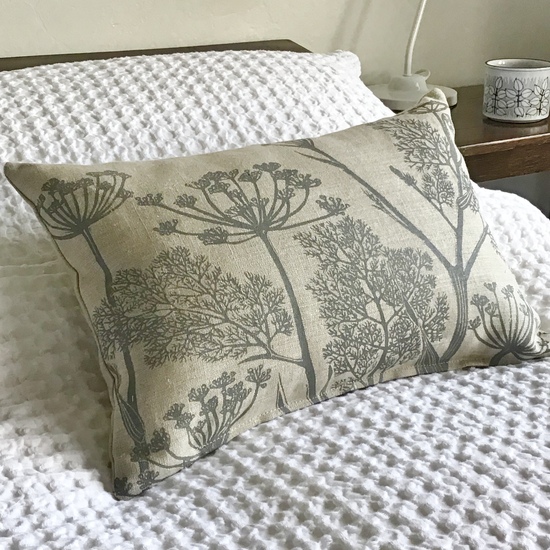 Linen pillow with silver grey Fennel plant seed heads ..