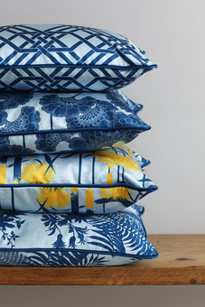 Florence Broadhurst velvet cushions in baby blue