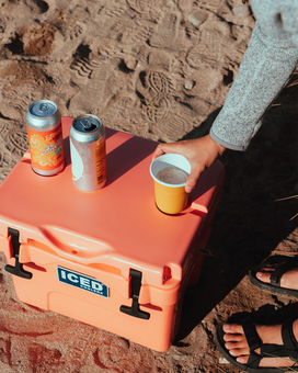 Peach cool box with beers on top