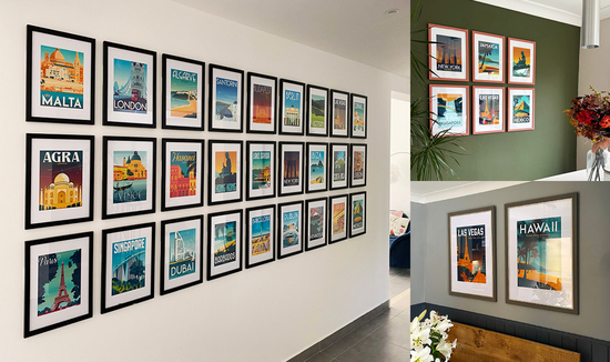 Customer photos of gallery walls of colourful travel posters by Heyday Designs