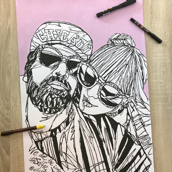 A2 Couple portrait - Pen & ink + acrylic background