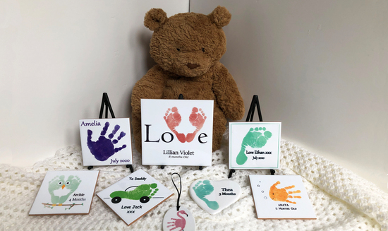 Teddy Bear with Baby Hand and Foot Print Keepsakes and tiles