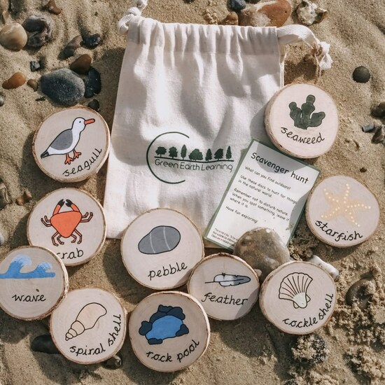 Wooden Handpainted Beach Scavenger Hunt discs - Nature Gift for Children