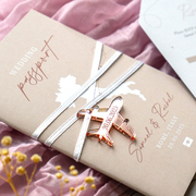 Best selling product - personalised beige wedding passport invitation with rose gold acrylic plane charms