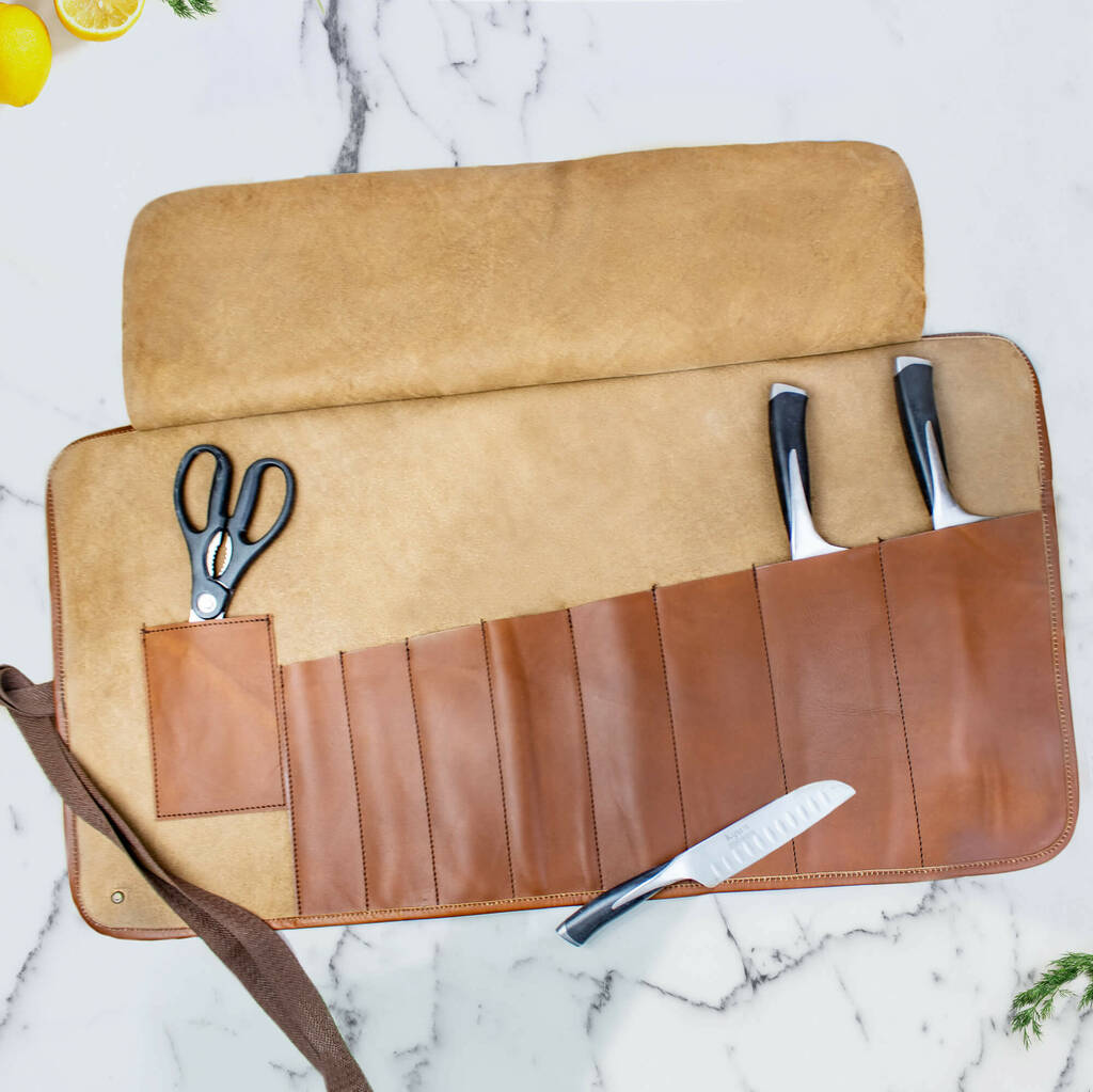 Personalised Brown Leather Knife Roll