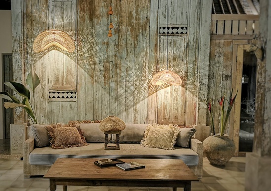 Tropical living room with rattan lighting