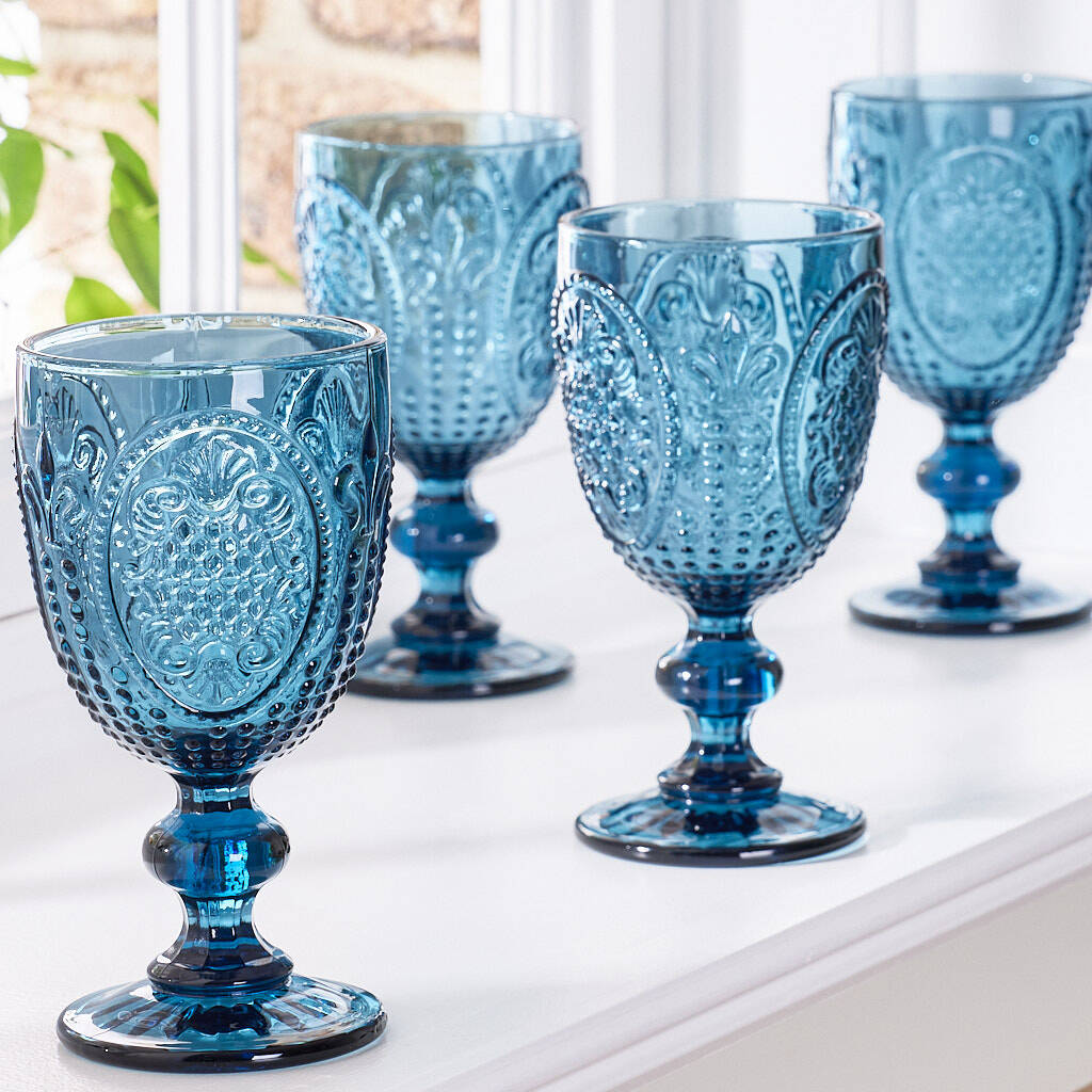 Set Of Four Embossed Blue Wine Glasses