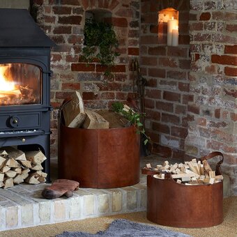 Leather Round Log Baskets for Logs and Kindling