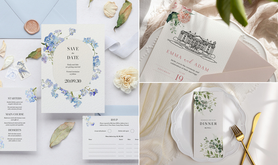 Examples of wedding stationery, including invitations, menus, RSVP cards and a venue illustration.