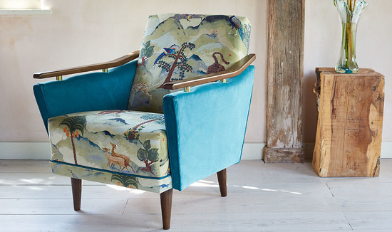 The New Pinzon Armchair in Linwood Fable Aesop and Omega Velvet