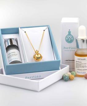 natural scent jewellery set with 18ct gold vermeil pendant , lava stones and essential oil blend