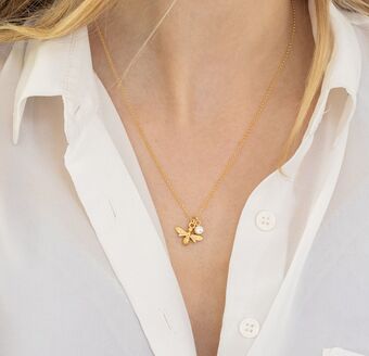 Gold April birthstone & bee necklace 