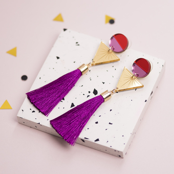 Geometric Pink Tassle Earrings 