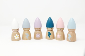 Worry peg dolls in grey, lilac, teal and peach