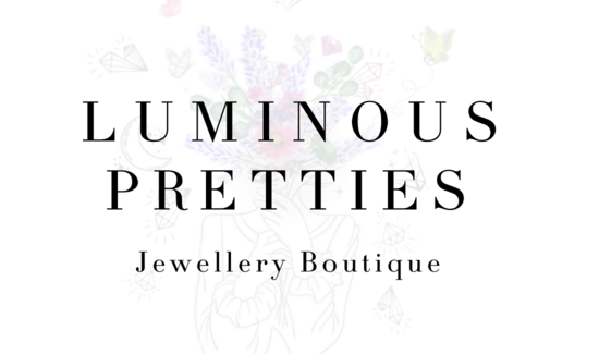 Logo for 'Luminous Pretties Jewellery Boutique' with bold serif text, gem-filled bouquet, gold, silver, colored demi-fine jewellery