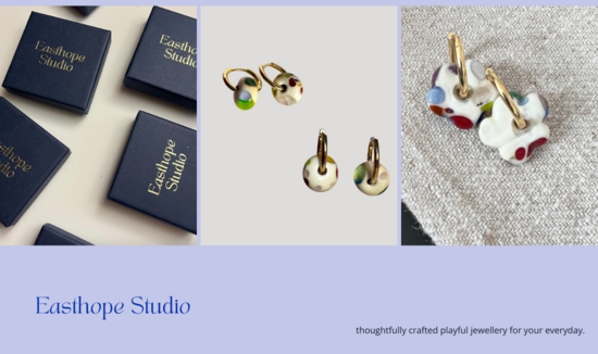 banner image showing three images from easthope studio one with the blue gift jewellery boxes the next showcassing the glass bead murano and flowers on hoop