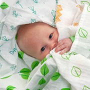 baby surrounded by organic cotton muslins