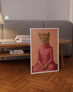 Art print of a cheetah wearing a pink dress