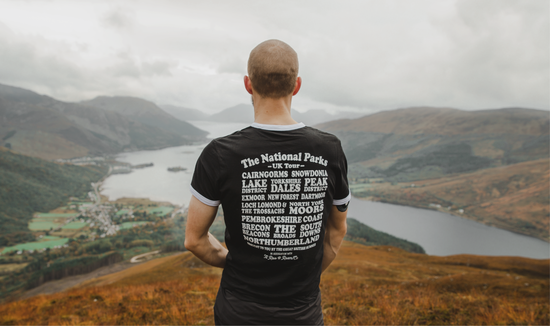 a national parks uk t-shirt photographed at the top of a Scottish mountain