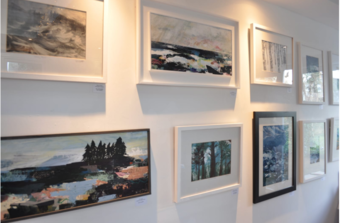 Paintings hung ready for open studio weekend