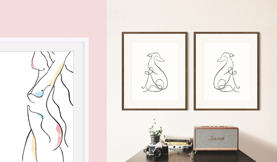 Splash and Line banner with framed nude artwork and whippet artworks