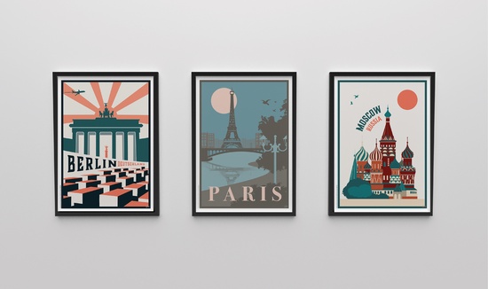 Set of three framed travel prints, Berlin, Paris and Moscow