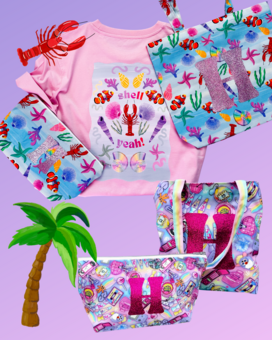 A selection of vibrant colourful tote bags with personalised initials in glitter.