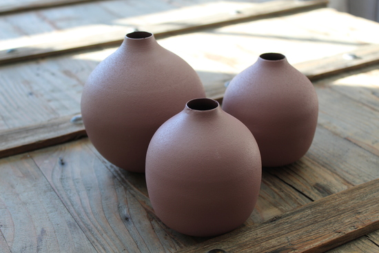 Three Matt Pink Small Vases
