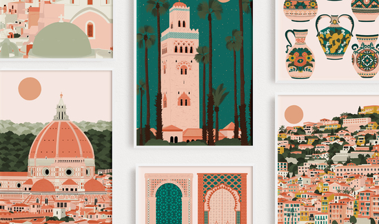 travel prints on a gallery wall. prints include Morocco, Florence, Villefranche-sur-mer and santorini as well as the pottery print and moroccan doors print.