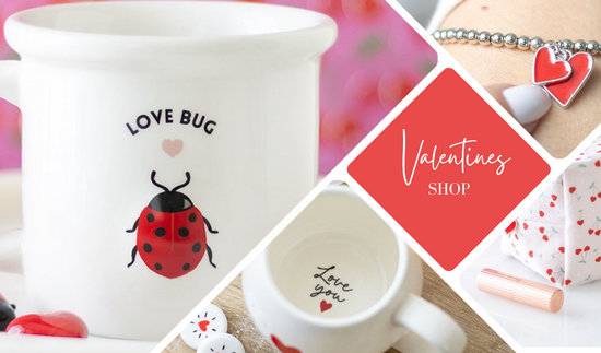 valentines day banner including images of love bug mug, secret message mug, charm bracelet and cherry make up bag