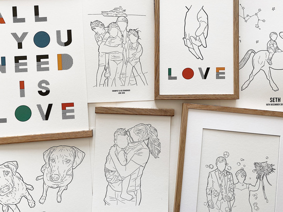 A collection of types of bespoke illustrations, line drawing and typography prints from La Fam Illustration.