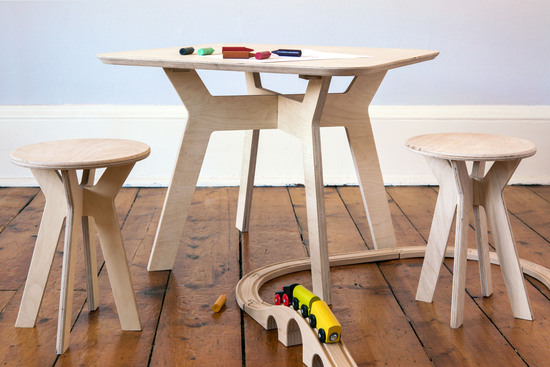Ply-Works Mhor Table with two Mhor Stools and childs train set