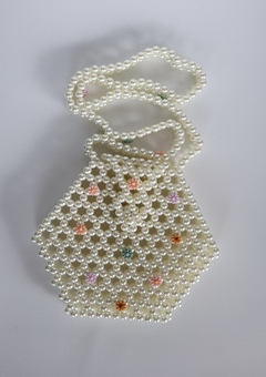 Hexagonal faux pearl bag with colourful flowers