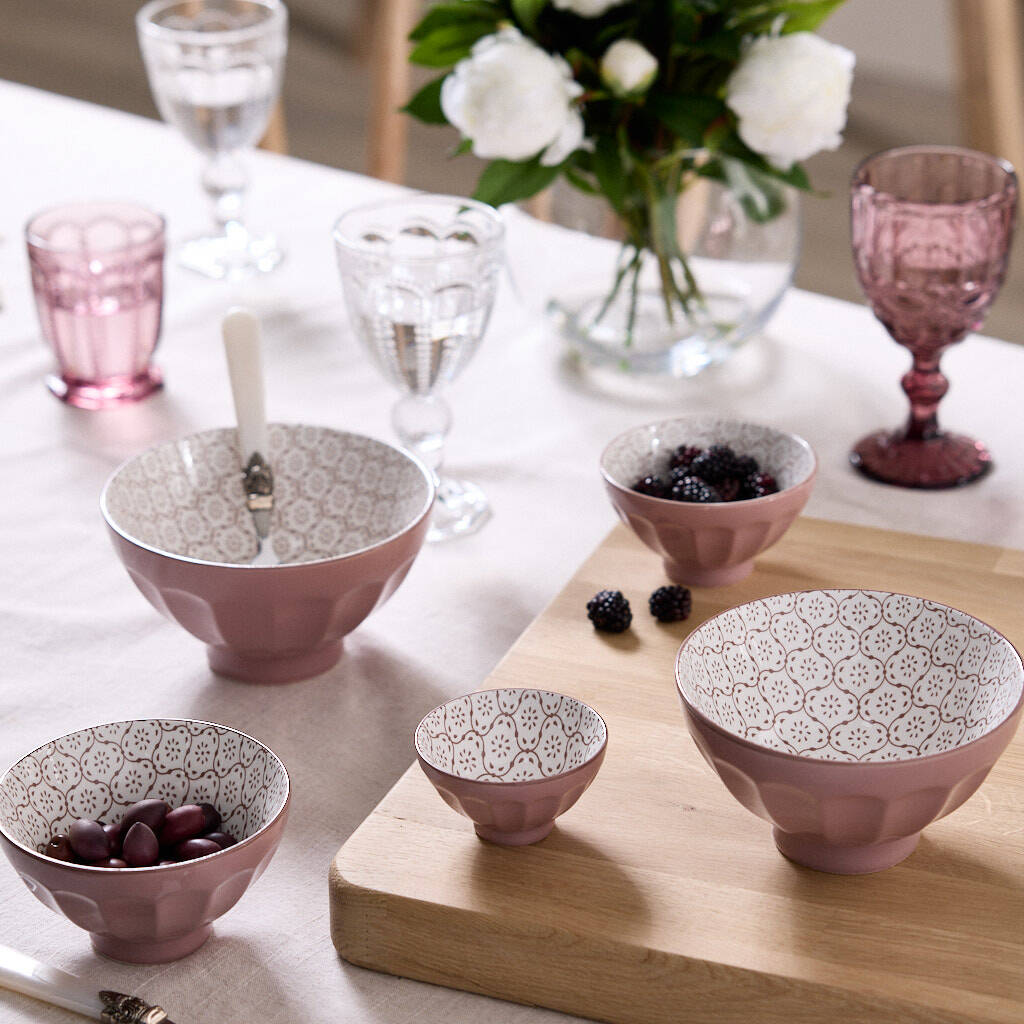 Set Of Five Lilac Patterned Bowls