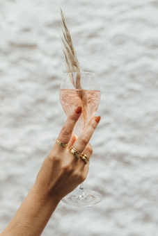 A hand dressed in Naked Palm Jewellery, holding a champagne glass with pampas grass sticking out. Hands showcase Naked Palm engraved gold rings. Neutral.