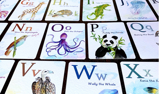 Handpainted childrens animal alphabet flashcards and learning aid