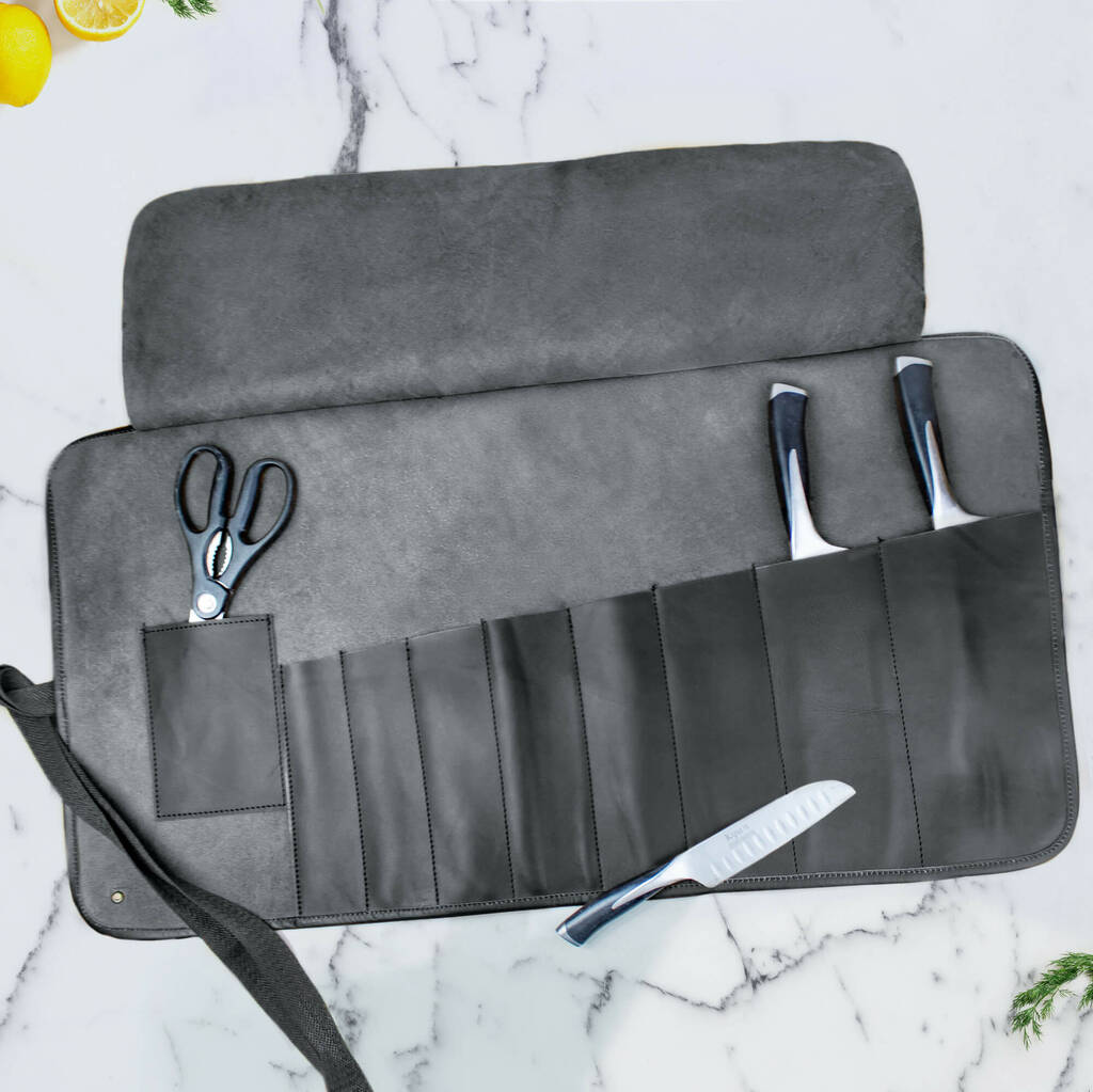 Personalised Black Leather Knife Roll