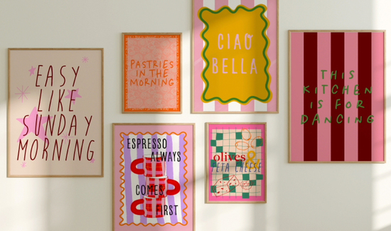 Colourful gallery wall typography prints