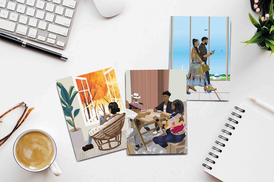 Three greeting cards images featuring a black woman. Each with big afro hair or braids.